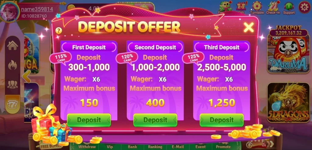 WA777 game bonuses on deposit